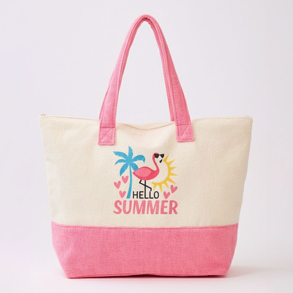 Message Terry Tote Beach Bag - FLAMINGO HELLO SUMMER