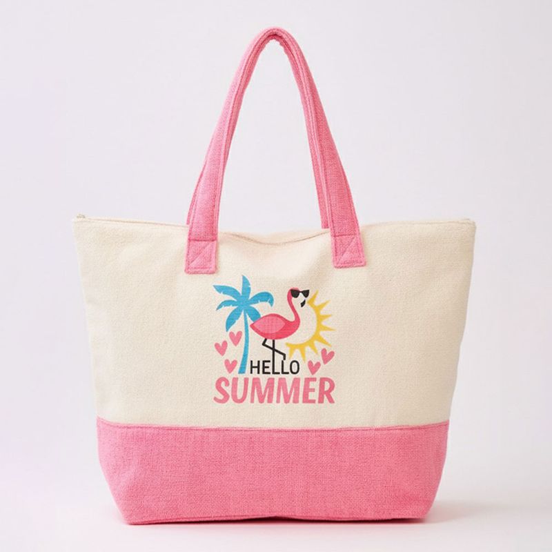 Message Terry Tote Beach Bag - FLAMINGO HELLO SUMMER