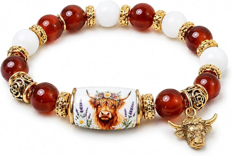 Natural Stone Beaded Stretch Bracelet - HIGHLAND COW