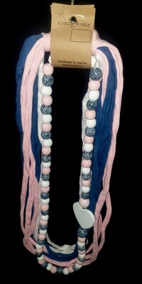 T-shirt yarn necklace : Pink, Denim & White