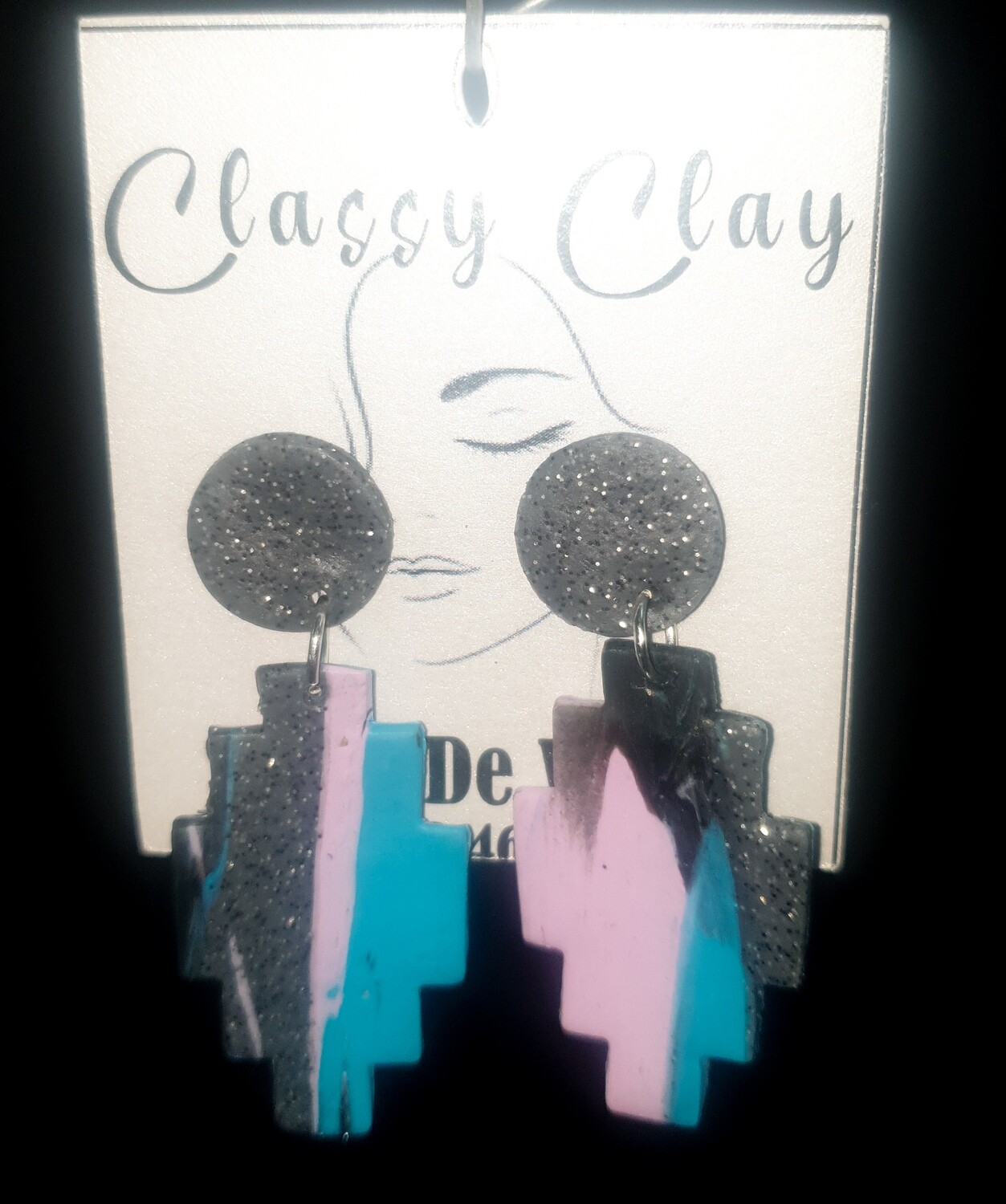 Pink blue and black rectangle hanging earrings
