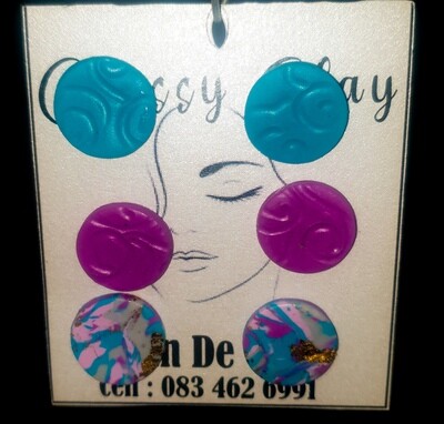 3 pairs round studs, blue pink and blue pink mix earrings