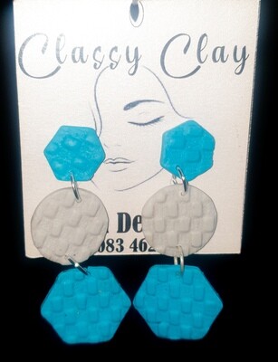Light Blue and Grey hexagon hanging earrings