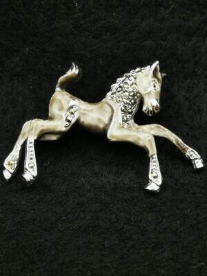 Bohemian Horse Brooch Silver & Marble Marcasite Stones Equestrian Pin