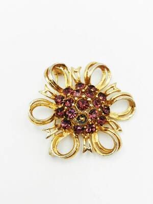 Vintage Lisner Purple Rhinestone Brooch Flower Mid-Century Designer Yellow Gold-tone Ribbon Bow Pin