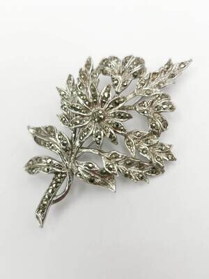 Silver-Tone Flower & Leaves Bouquet Filled Marcasite Brooch/Pin