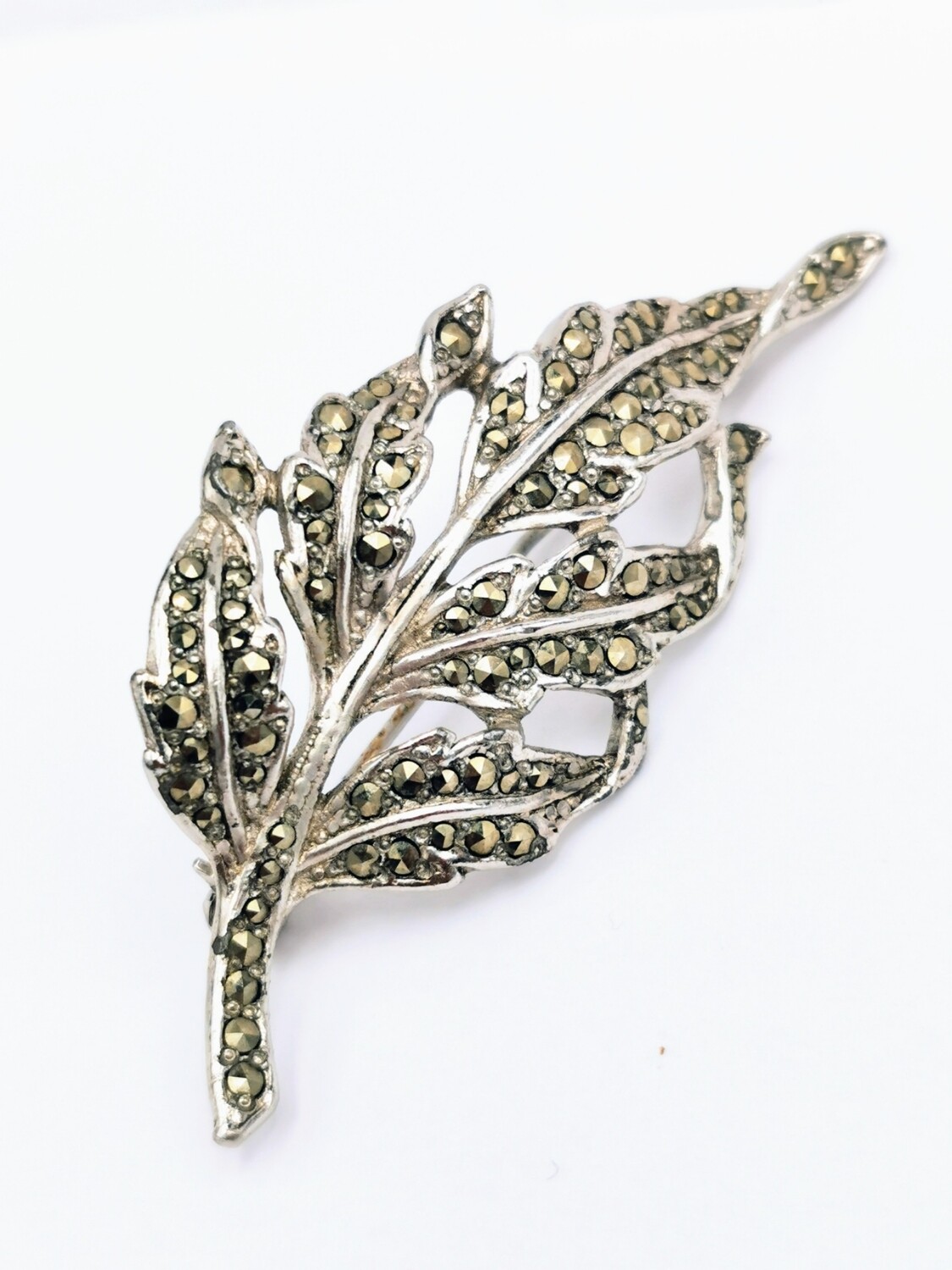 1950's Sparkling Leaf Brooch  Curved Marcasite Silver Tone Base Metal Chrome Plated