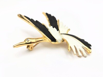 Simple Gold-toned Enamel Black And White Stork Gold Plated Pewter