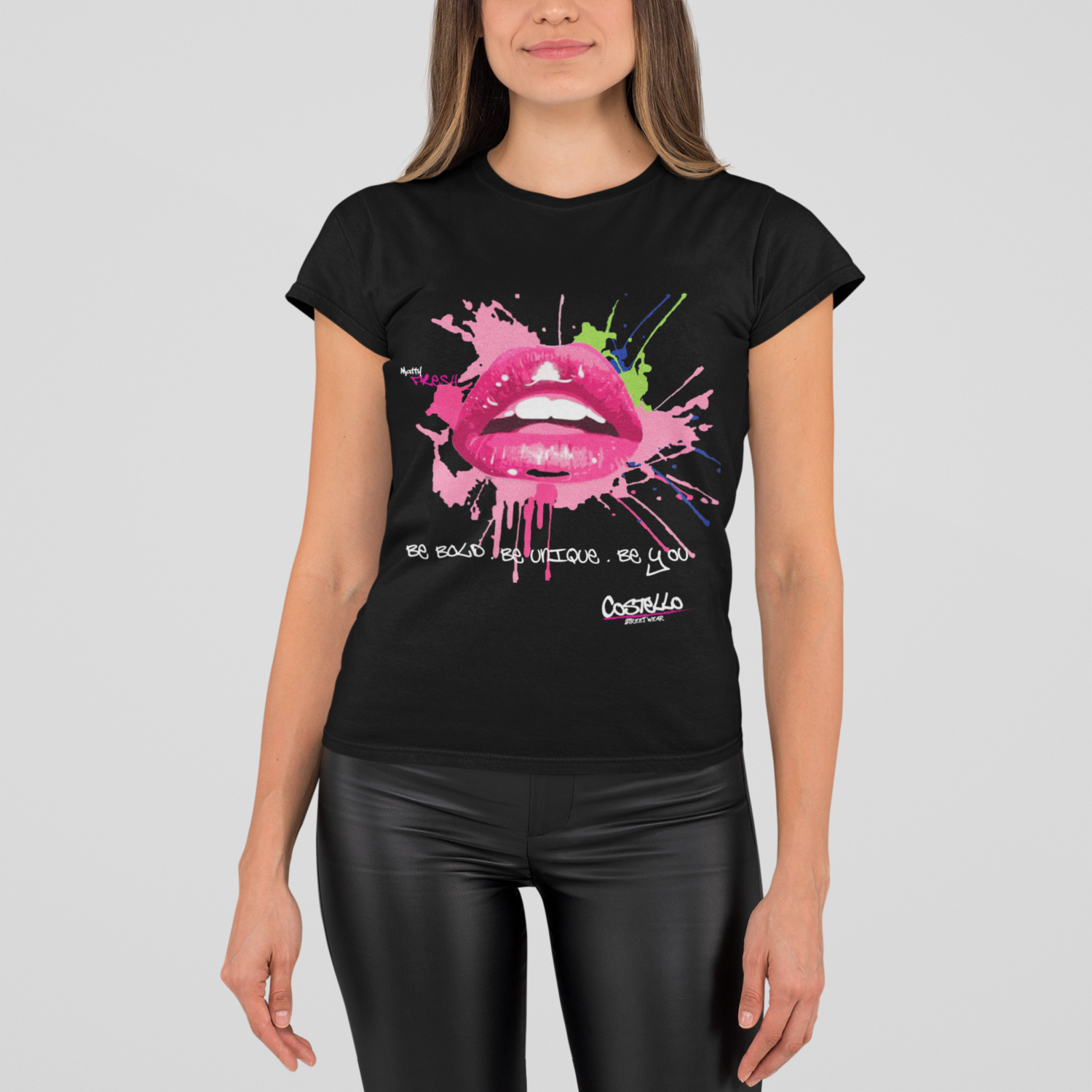 Painted Lips - Womens Rolled Sleeve Recycled t-shirt Black