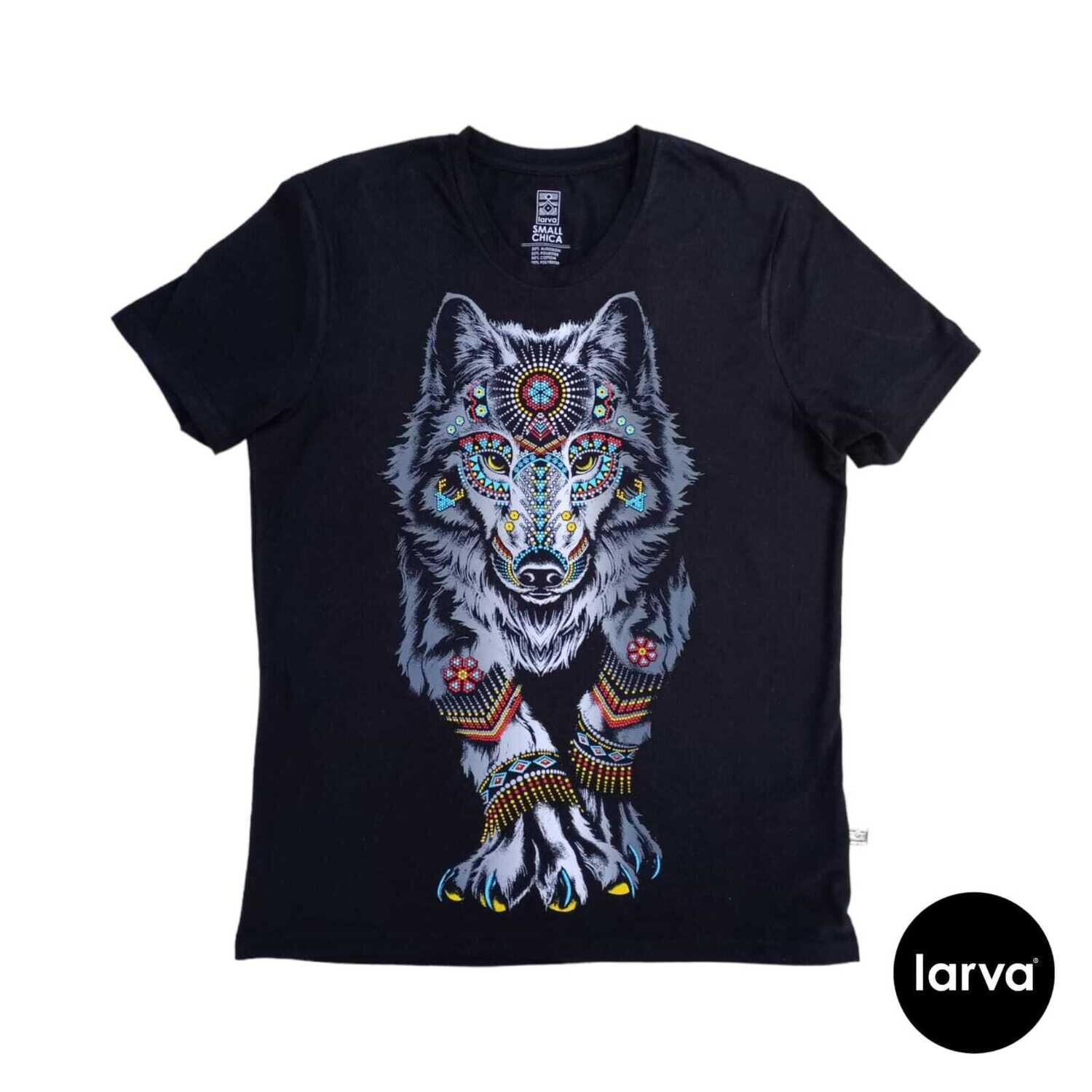 PLAYERA NEGRO LOBO BLANCO HUICHOL S