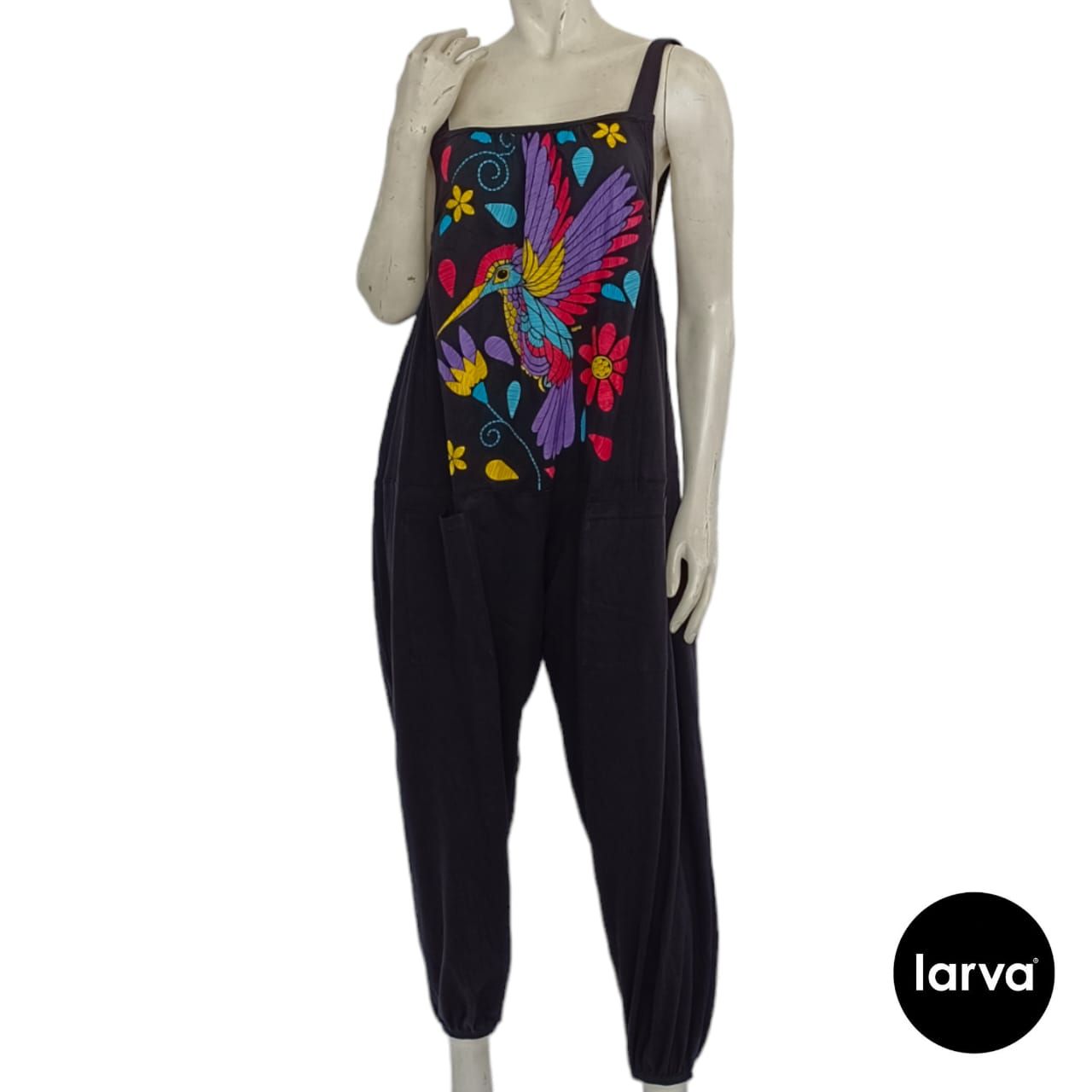 PALAZZO PLI NEGRO COLIBRI FLORAL BORDADO