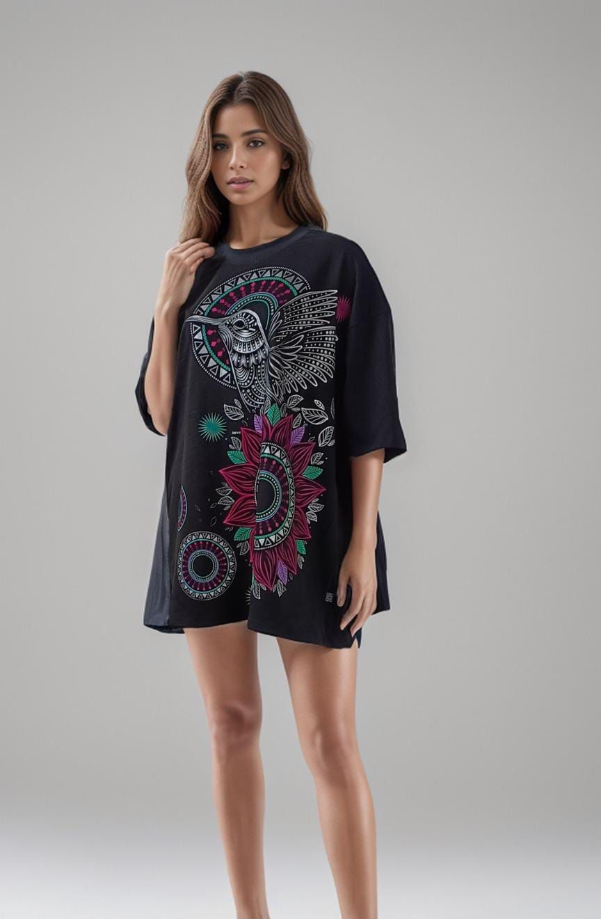 BLUSA OVERSIZE	NEGRO MANDALA COLIBRI TEXTURA