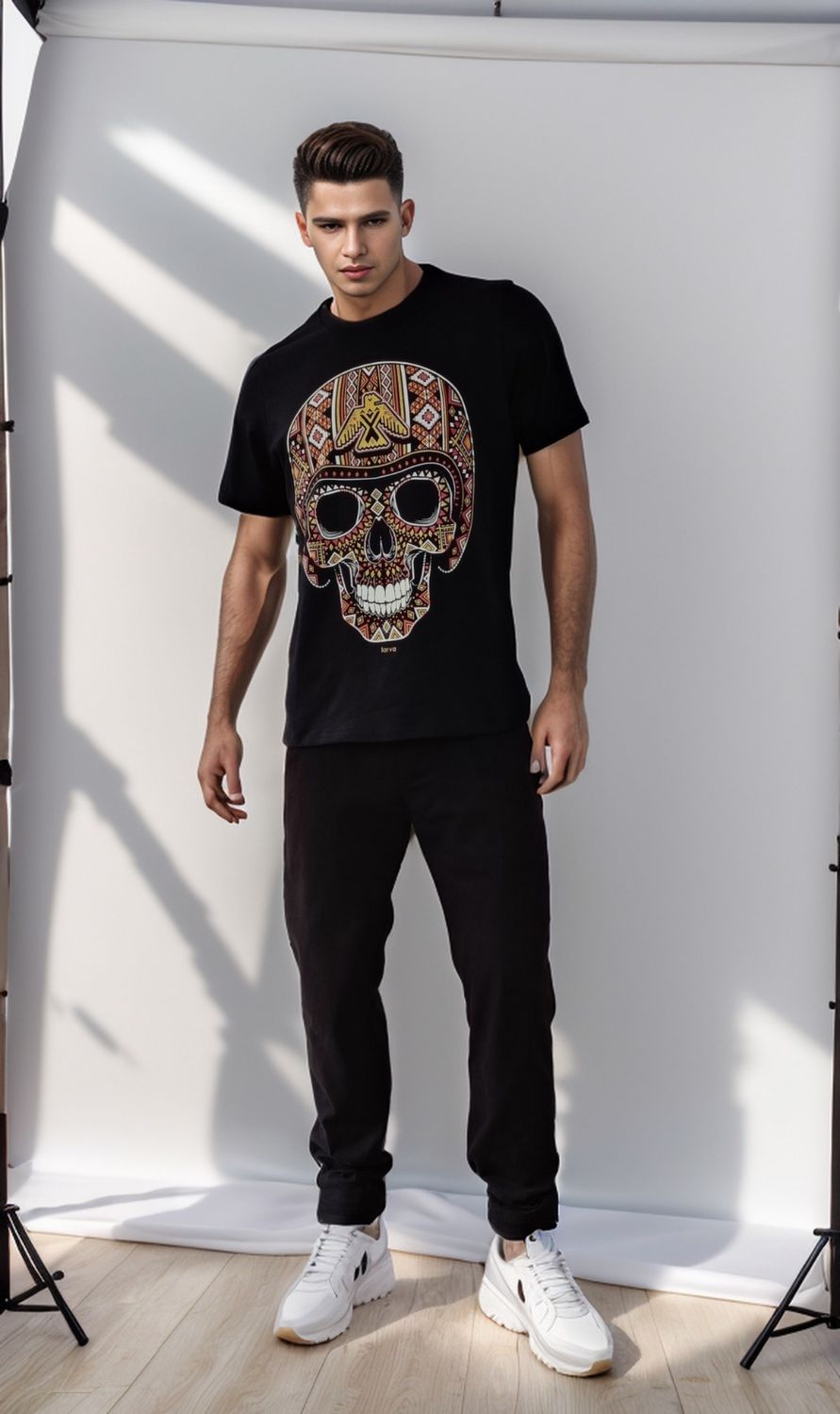PLAYERA NEGRO CRANEO CASCO HUICHOL