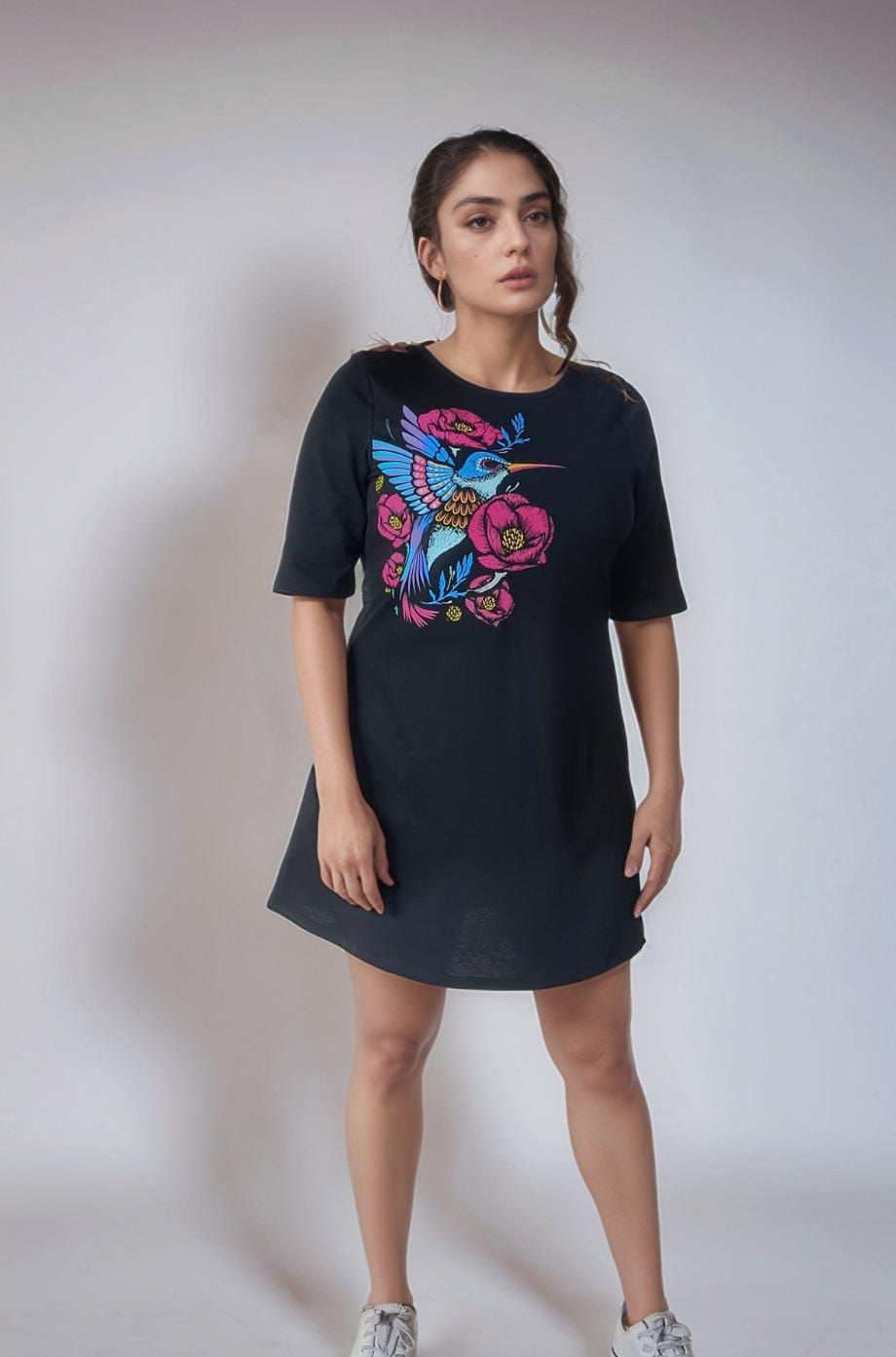 VESTIDO MANGA 3/4 COLIBRÍ FLORAL