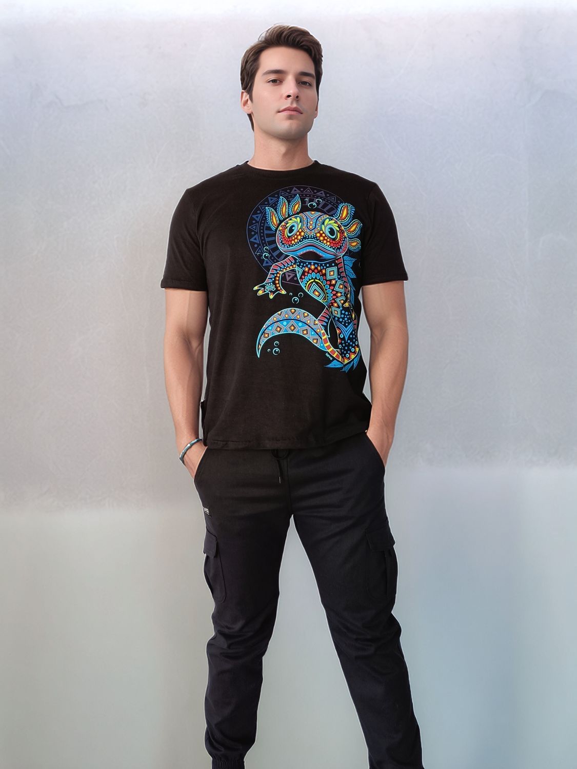 PLAYERA NEGRO AXOLOTL MANDALA, SIZE: CHICA