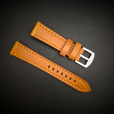 Klockarmband i ljusbrunt läder med orange sömmar – 18mm, 20mm, 22mm