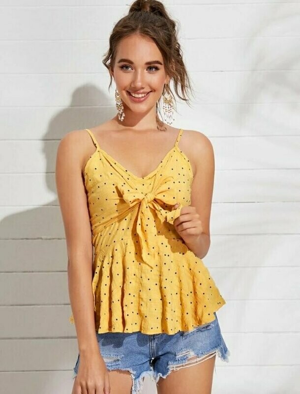 Top de tirantes peplum de lunares con cordón delantero