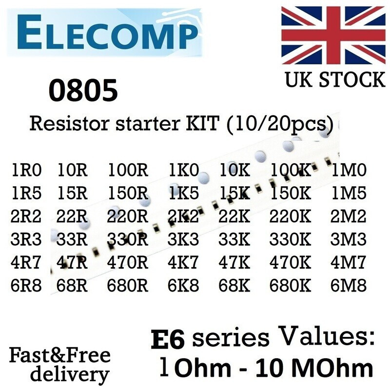 0805 Resistors Starter KIT E6 range values 1 Ohm - 10 MOhm 10/20pcs