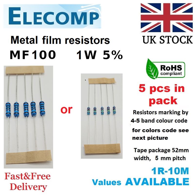 1W Metal film Resistors 5% All Values(1R-1K-1M) 5 in Pack
