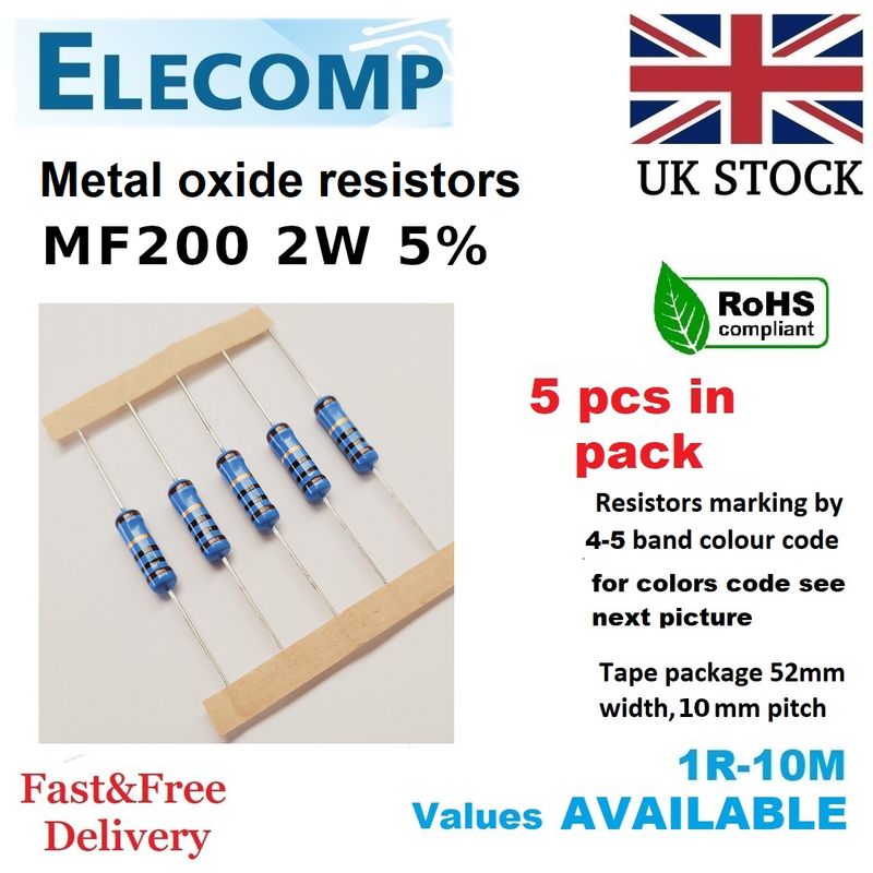 2W Metal film Resistors 5% All Values(1R-1K-1M) 5 in Pack