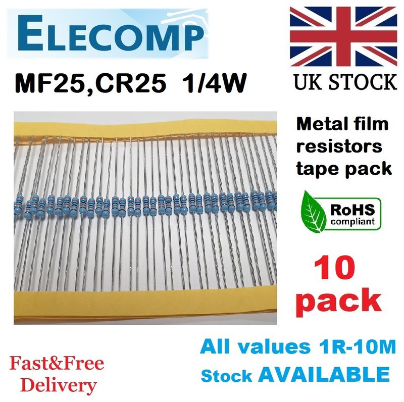 1/4W Metal Film Resistors 1% all values (0R-10M) 10pcs per Pack in tape