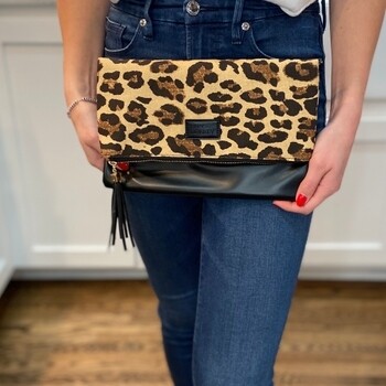 Fold Over Clutch - Leopard &amp; Black with Burgundy Lining