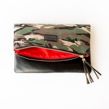 Fold Over Clutch - Camo &amp; Black with Red Lining