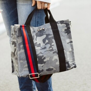 Canvas Crossbody Tote with Red and Navy Strap