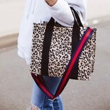 Leopard Canvas Crossbody Tote with Red and Navy Strap