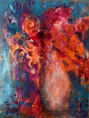 "Hot Ladies" original 9" x 12" mixed media on Wood Panel Floral Painting
