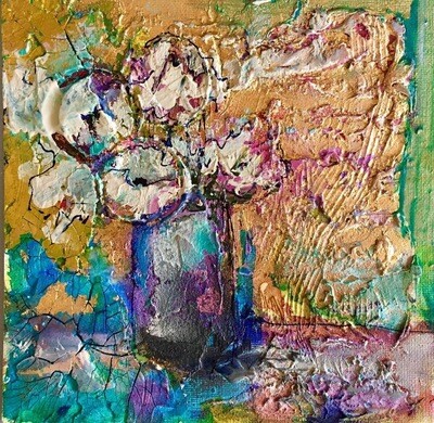 "Small white flowers" 8" x 8" original mixed media floral painting on canvas panel