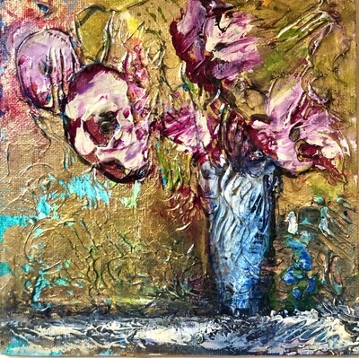 "Ladies in Pink" 8" x 8" mixed media Floral painting on Canvas panel