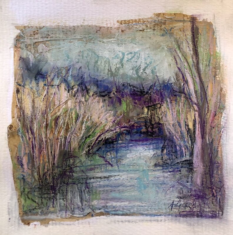 &quot;Spring Marsh&quot; 8&quot; x 8&quot; original mixed media landscape painting on paper