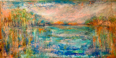 “Bella Blue” Original Abstract Acrylic Landscape Painting On 24” X 12” Gallery Wrapped Canvas