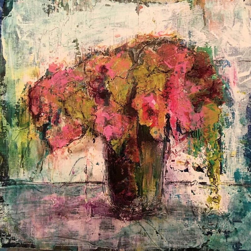 “Pink Petals” 12” x 12” Mixed Media Collage On Canvas paper