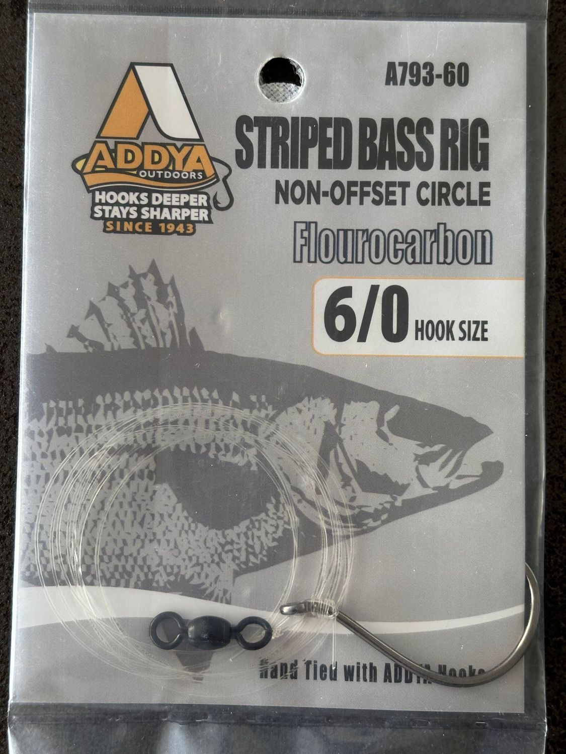 STRIPED BASS RIG- Inline Octopus Hook, 50LB Flourocarbon, Black Swivel & Snap (1 count)