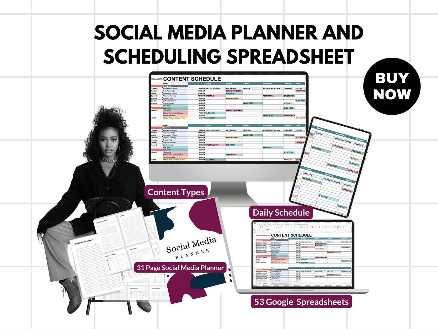 Social Media Content Planner &amp; Scheduling Spreadsheet Kit