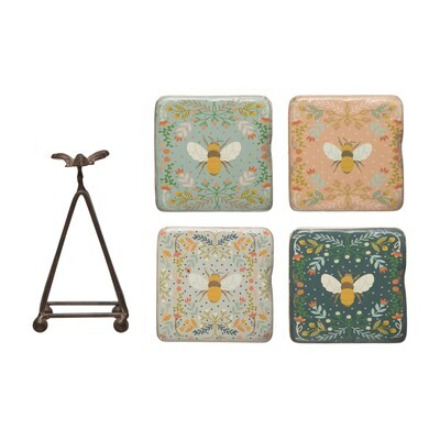 Coasters - Bees w/metal stand (set of 4)