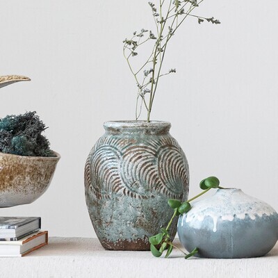 Embossed Terra-cotta Vase w/ Pattern, Heavily Distressed Finish, Light Blue