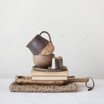 Brown Stoneware Pitcher w/ Embossed Leaf, Reactive Glaze (Each One Will Vary)