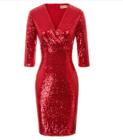 Belle Poque Women Sparkling Sequins Dress Spring Fall Bodycon Pencil Dress 3/4 Sleeve V-Neck Hips-wrapped Sexy Party Dresses New
