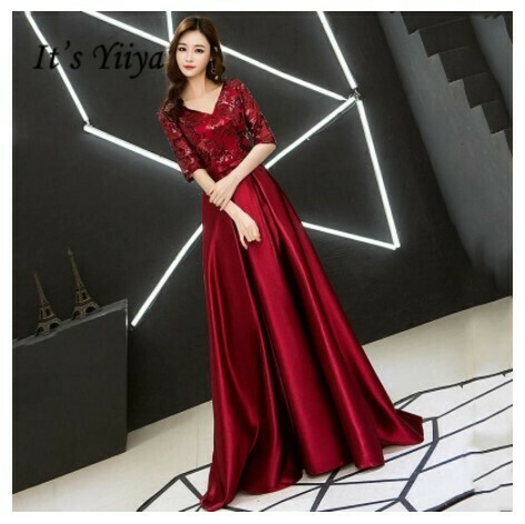 Evening Dresses V-neck It&#39;s Yiiya BR242 Half Sleeve Sparkling Sequined Robe De Soiree 2020 Burgundy Formal Evening Gowns