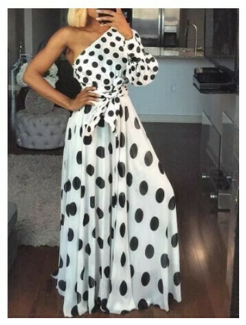 Women Summer Dress One Shoulder Black Polka Dot Waist Belt Bohemian Holiday Beach Fashion Pleated Female Vacation Robes Tunics