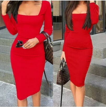 2019 Fashion Trend Women&#39;s Long Sleeve Bodycon Formal Evening Party Knee Length Dress Square Collar Sheath OL Office Lady Dress