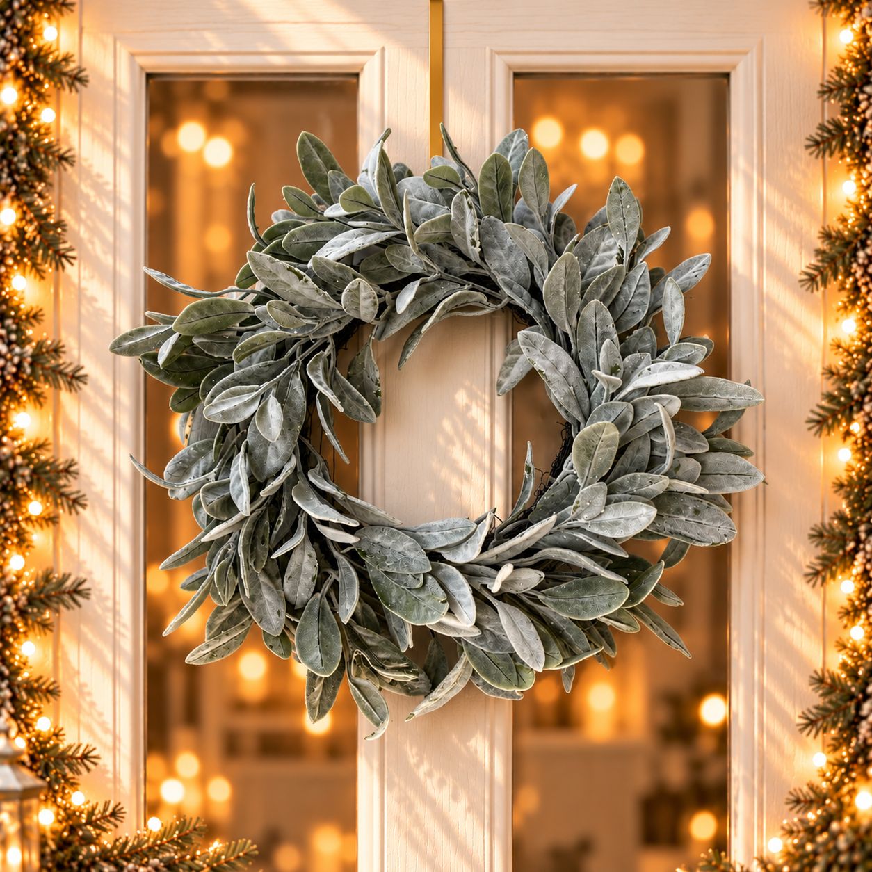 Luxury frosted lamb's ear wreath with soft silvery sage green foliage displayed on an ivory door with warm Christmas fairy li
