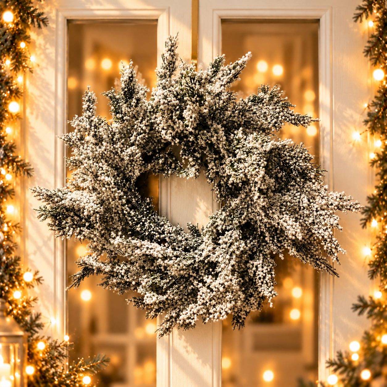White Frosty wreath Luxury Winter Frost Christmas wreath with abundant ivory-white berries and delicate evergreen foliage, displayed on an ivory