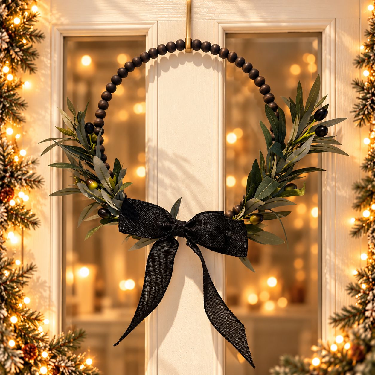 OLIVE BOW WREATH Olive Grove Wreath with green olive foliage, decorative olives, dark wooden beaded 30cm ring and black rustic bow.