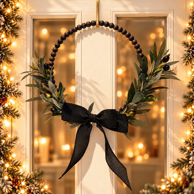 Olive Grove Wreath with green olive foliage, decorative olives, dark wooden beaded 30cm ring and black rustic bow.