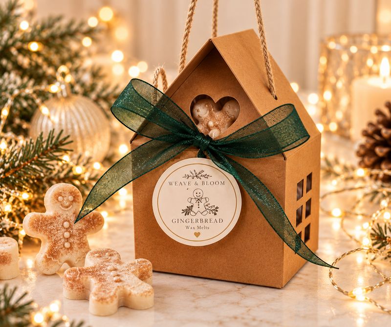 Gingerbread House Wax Melt Gift Box Handmade gingerbread men wax melts with bronze shimmer, presented in a kraft gingerbread house gift box with an emerald-green