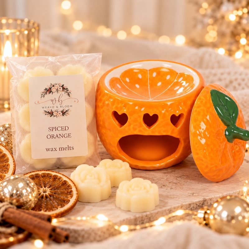 Orange ceramic Christmas wax melt burner with green leaf lid and heart cut-outs, displayed with Weave & Bloom Spiced Orange f